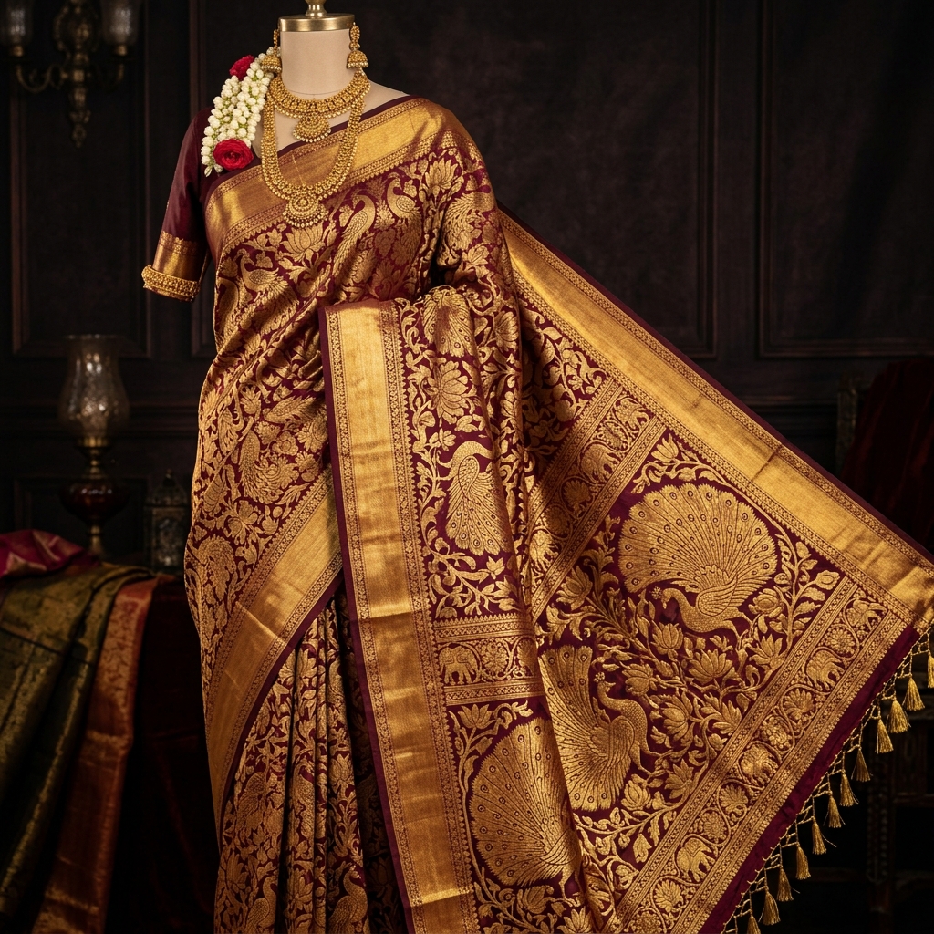 Maroon Peacock Motif Saree