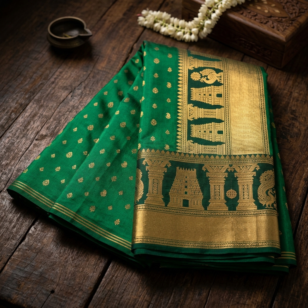 Green Temple Border Saree